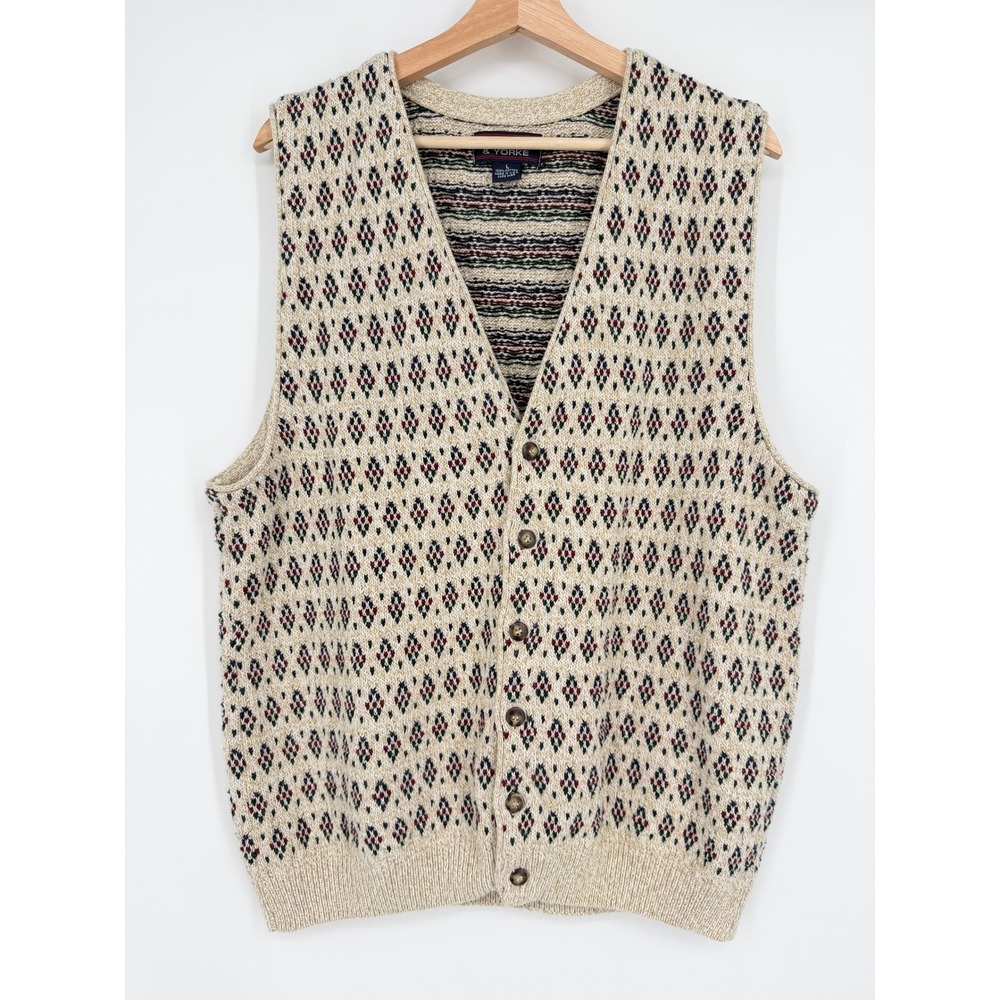 Roundtree & Yorke Vintage 90's Men's Beige Sweater Button Vest Sz‎ L Grandpa